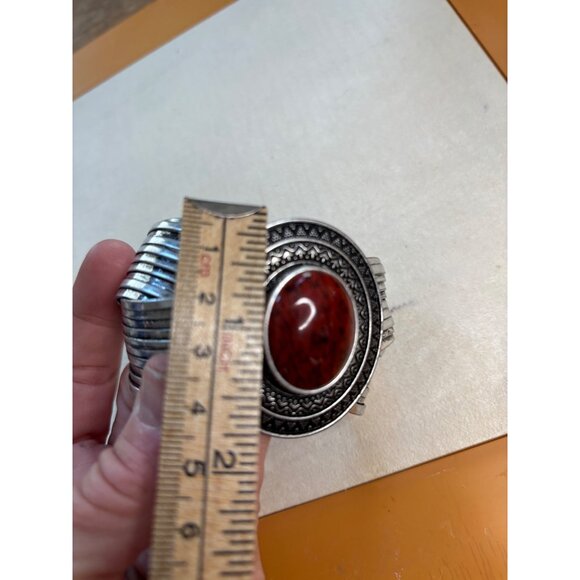 Vintage Silver-Tone Wide Cuff Bracelet With Oval Red Stone Accent & Etched Desig - Picture 4 of 16